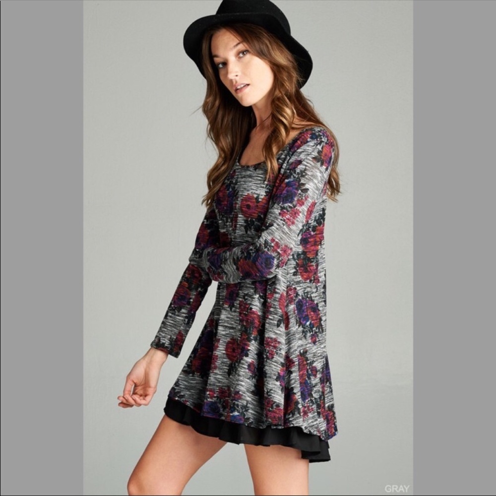 NWT Long Sleeve Black & Grey Floral Ruffle Dress